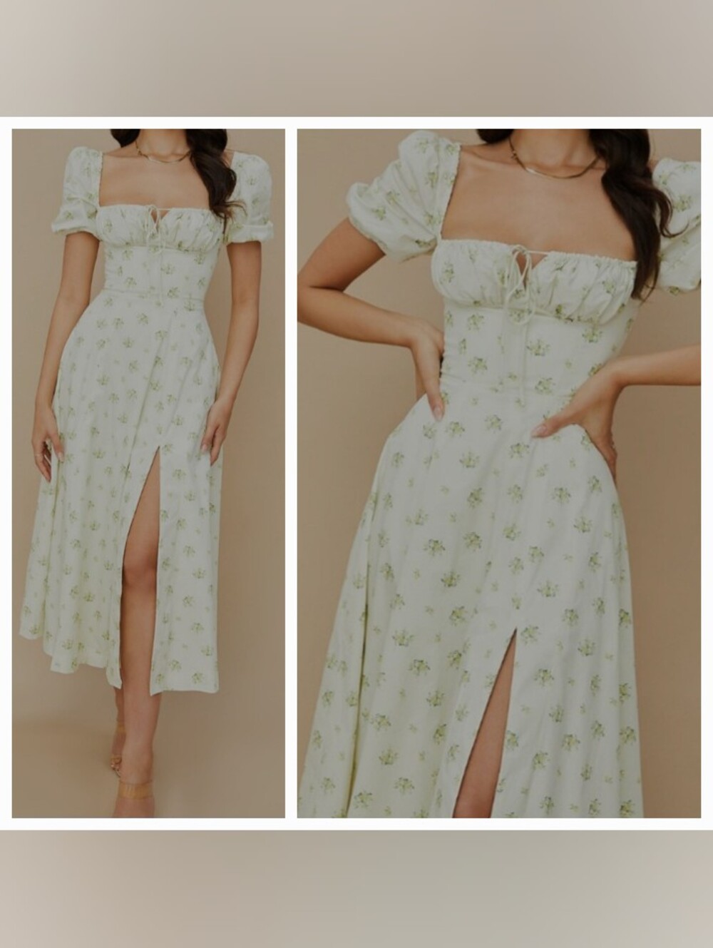 HOUSE OF CB Tallulah Ivory Floral Puff Sleeves Midi Dress S